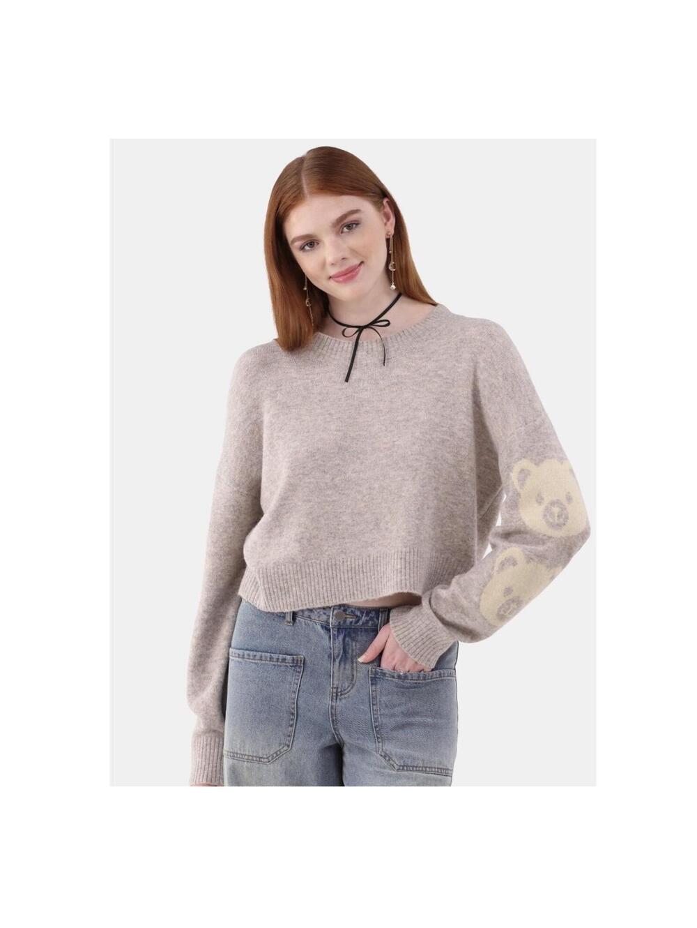 No Boundaries Crewneck Pullover Motif Sleeve Sweater, Women’s